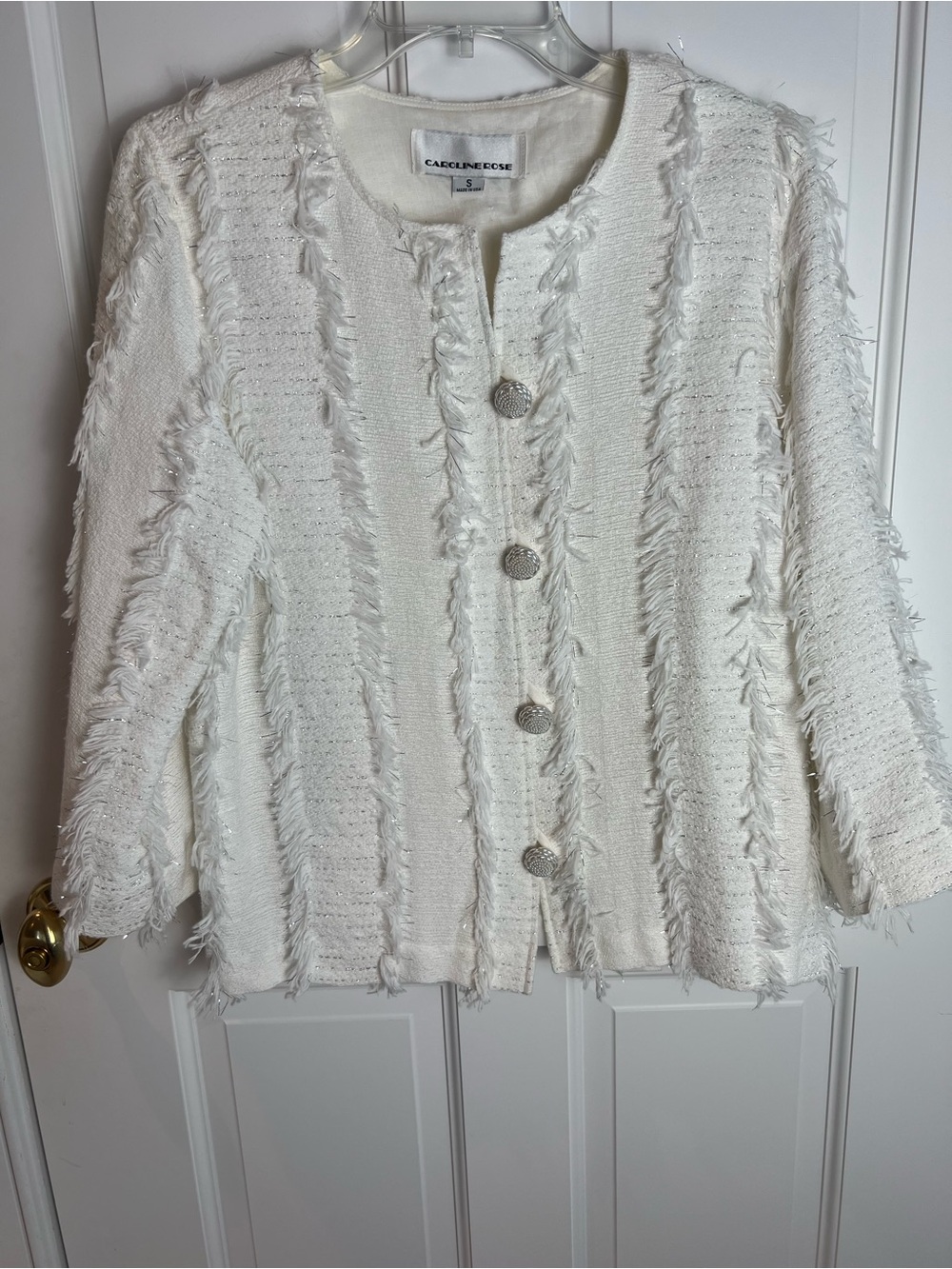 Caroline Rose White Textured Fringe and Silver Thread Jacket